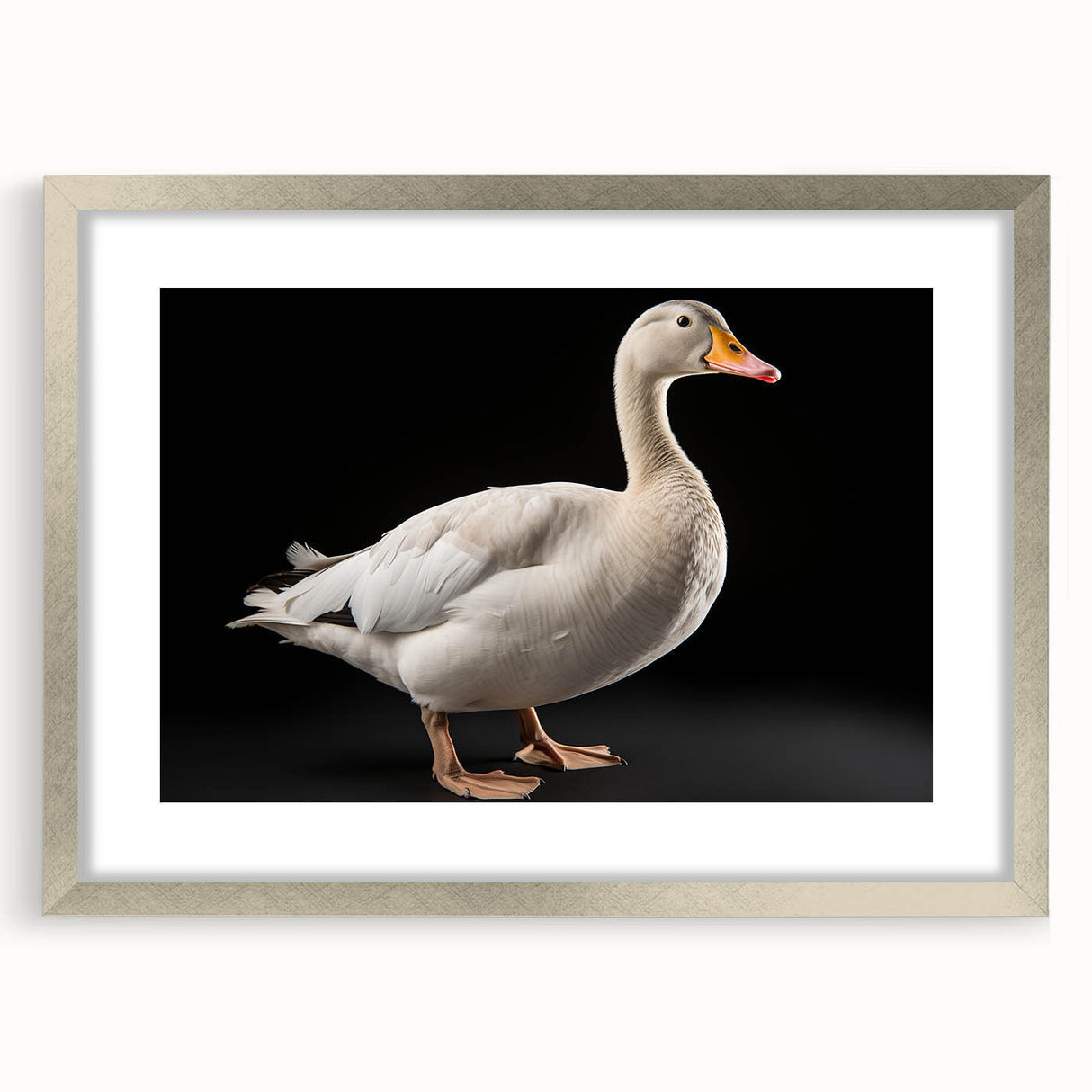 Framed silver wall art featuring a minimalist goose design with matting, ideal for modern decor, showcasing elegant lines and a serene aesthetic.