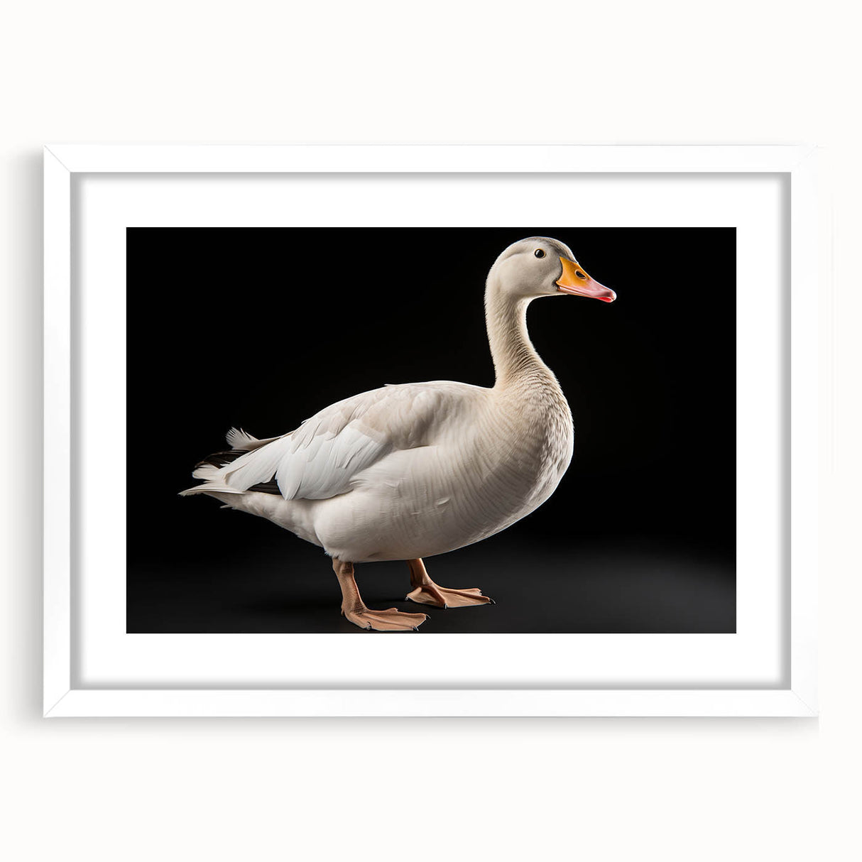 Stylish wall art frame featuring a goose design with a white mat and sleek frame, perfect for home decor. Ideal for bird lovers seeking unique artwork.
