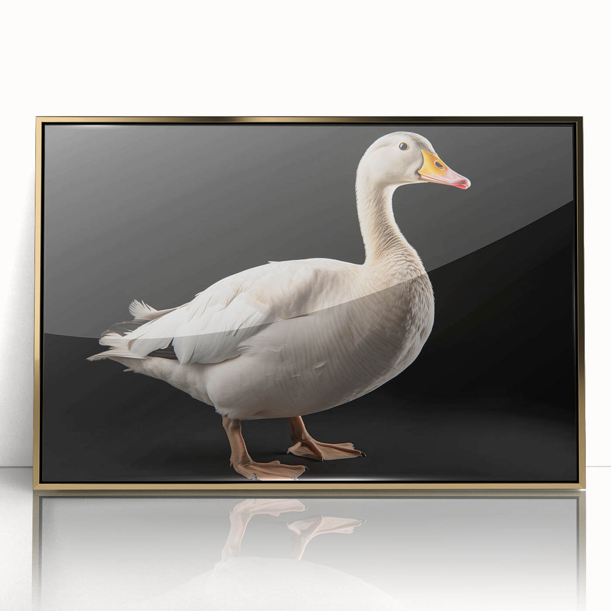 Framed wall art featuring a stylish goose design with a gold-accented acrylic front, perfect for modern home decor, showcasing intricate details and vibrant colors.