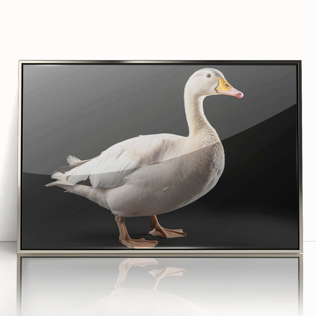 Framed wall art featuring a stylish goose design in silver acrylic, showcasing a modern aesthetic ideal for home decor. The piece adds elegance and charm to any wall.