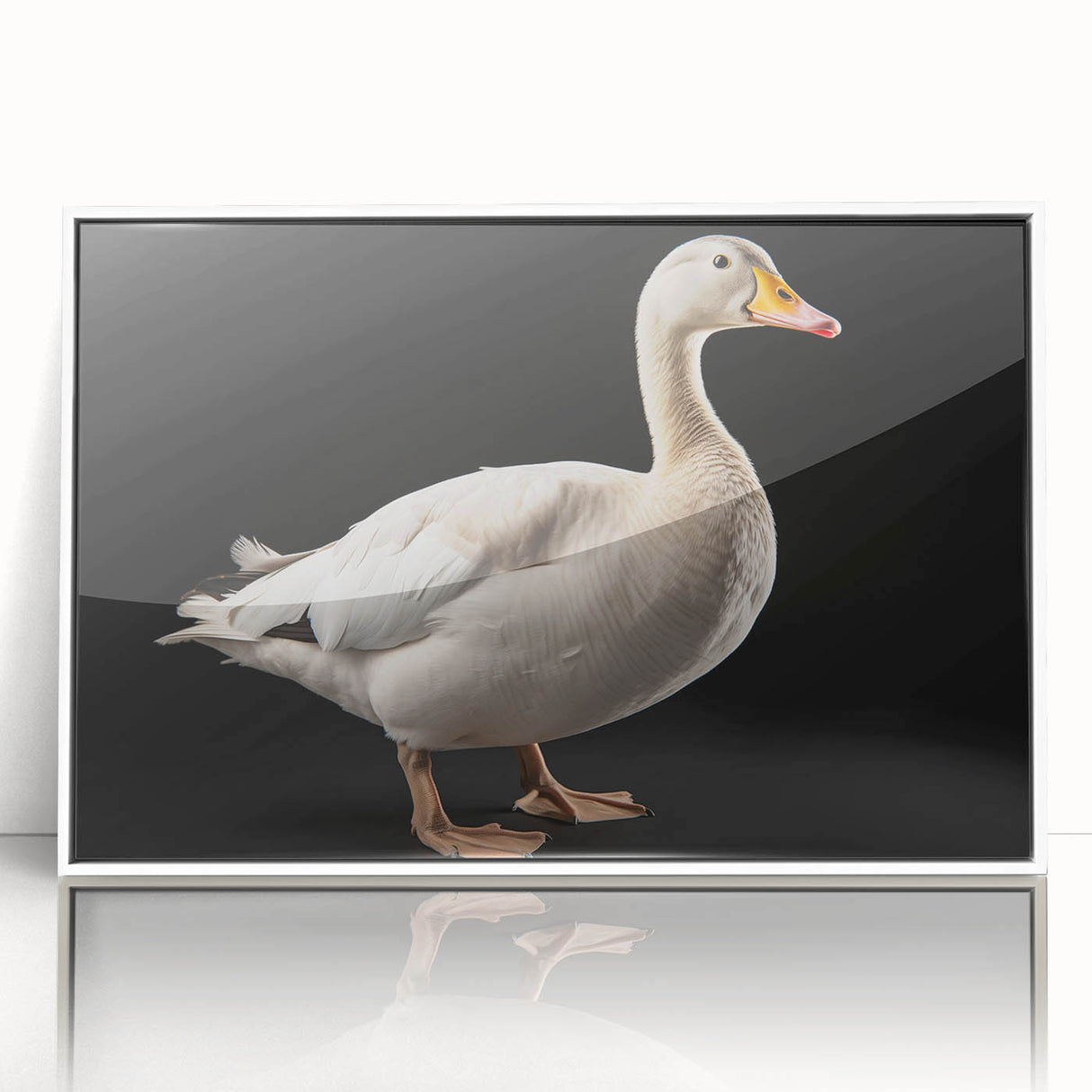 Framed wall art featuring an elegant goose design on a white background, ideal for home decor. The acrylic finish enhances colors and adds a modern touch.