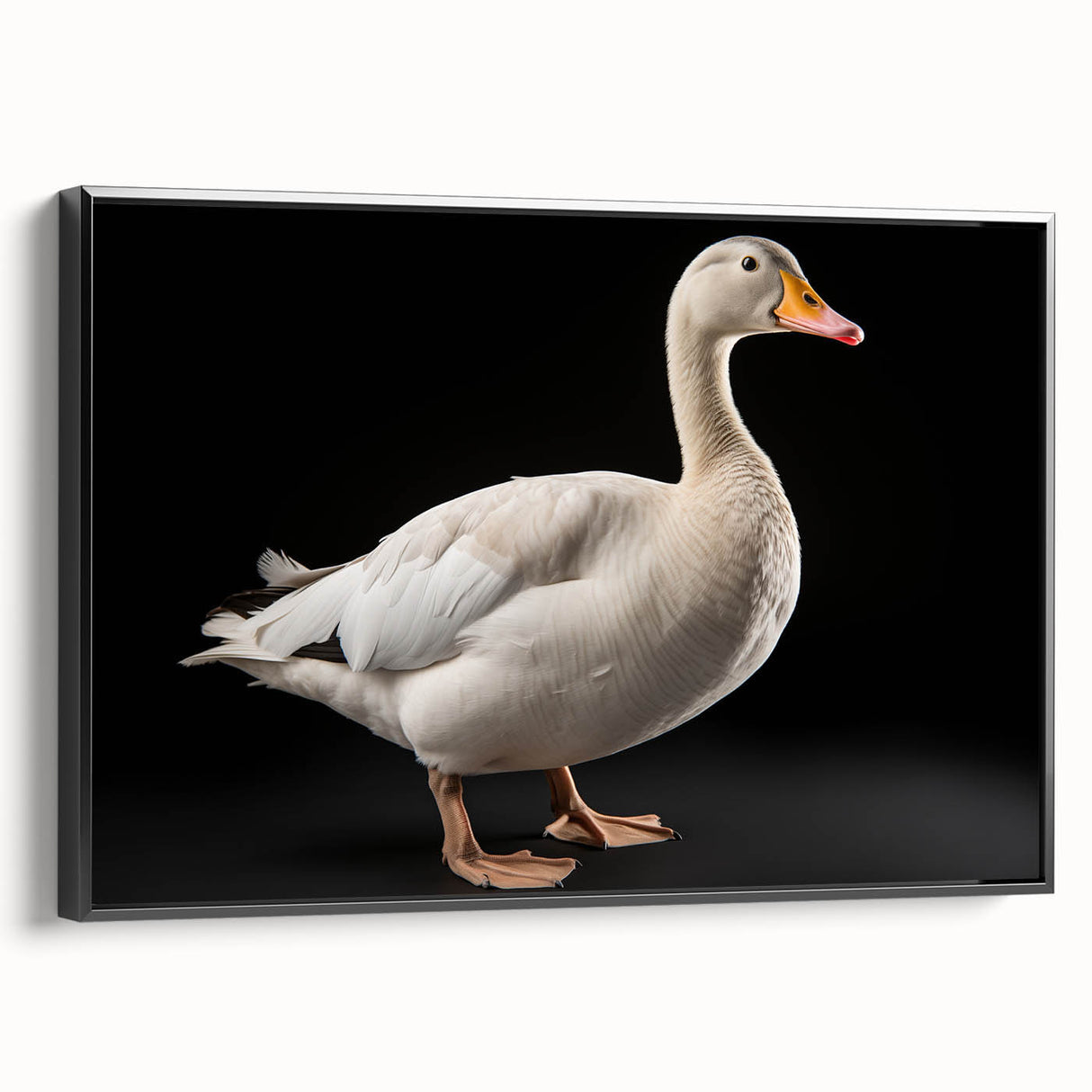 Framed canvas wall art showcasing a serene goose design, presented in a sleek black frame, perfect for enhancing modern home decor with a touch of elegance.