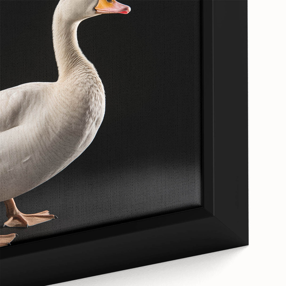 Close-up of a framed canvas wall art featuring a detailed illustration of geese in a serene natural setting, showcasing vibrant colors and intricate textures, perfect for home decor.