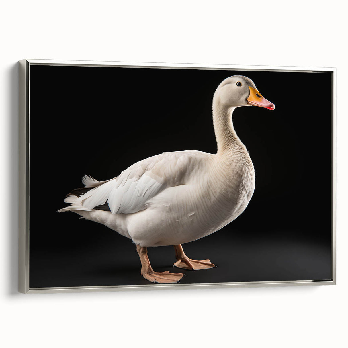 Framed wall art featuring a silver-bordered canvas design showcasing elegant geese in a serene natural setting, perfect for home decor and art enthusiasts.