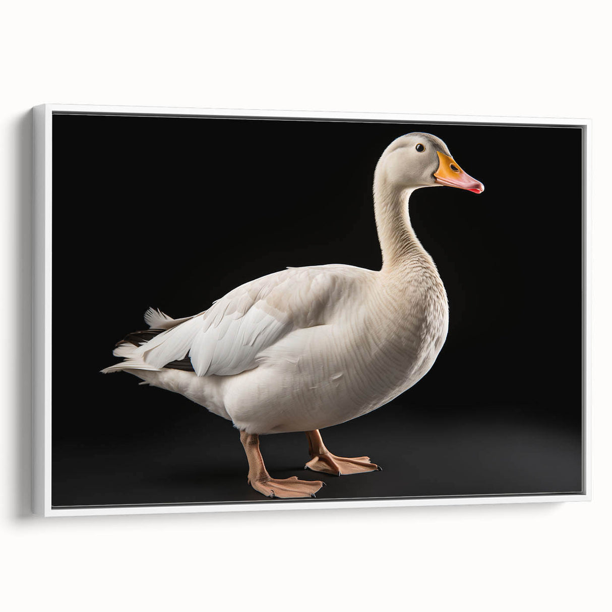 Framed canvas wall art featuring a stylish goose design, set against a white background, showcasing intricate details and a modern aesthetic for home décor.