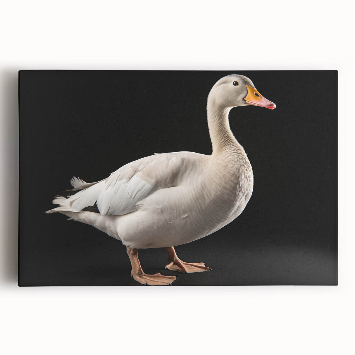 Stretched canvas wall art featuring a serene landscape design with a flock of geese flying over a tranquil lake at sunset, enhancing modern decor.