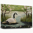 Acrylic glass wall art showcasing a vibrant goose design, featuring a side view with decorative pins for display, perfect for modern home decor enthusiasts.