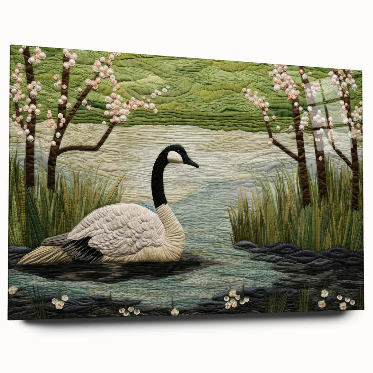 Side view of a sleek acrylic glass wall art piece featuring a unique goose design, showcasing vibrant colors and a contemporary aesthetic, perfect for modern decor.