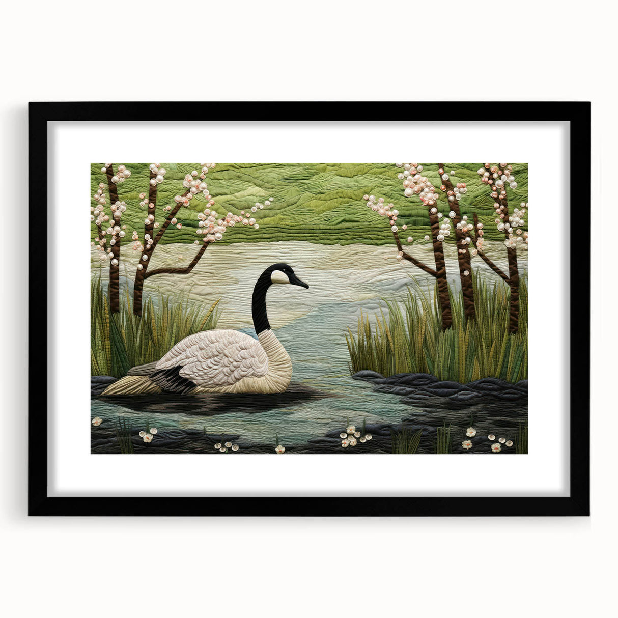 Framed wall art featuring a stylish black mat and a goose design, perfect for home decor. Ideal for nature lovers and modern interiors.