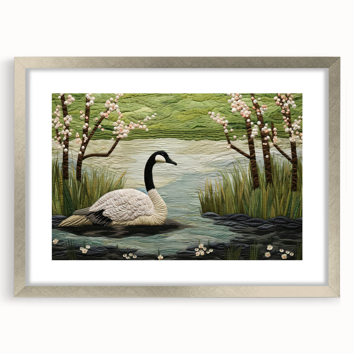 Framed wall art collection featuring a modern goose design in silver, with a sleek mat, perfect for adding elegance to home decor. Ideal for bird lovers and contemporary art enthusiasts, this piece enhances any interior space with its unique aesthetic.