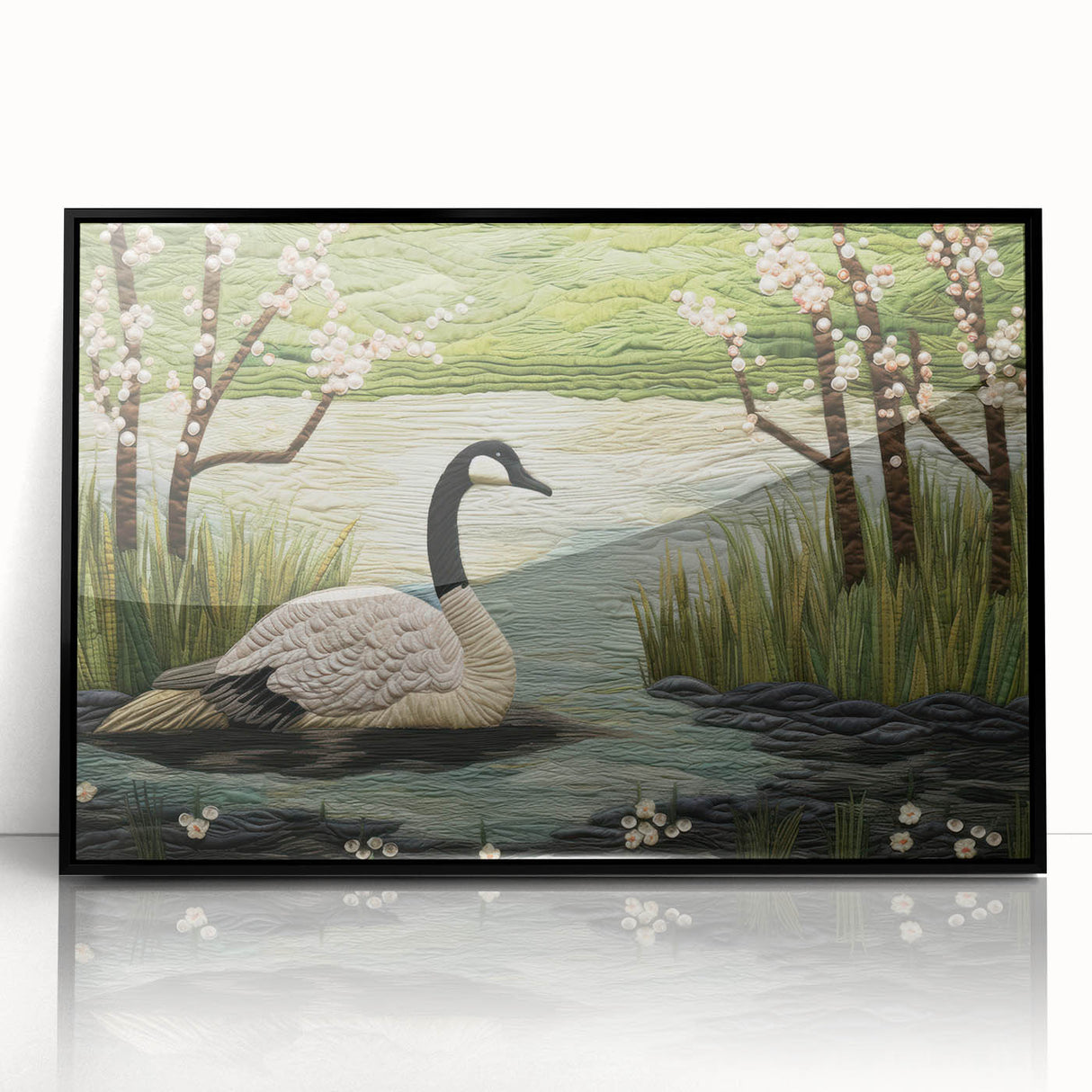 Framed wall art showcasing a minimalist goose design in black and white, featuring an elegant acrylic finish and sleek black frame, perfect for modern decor.