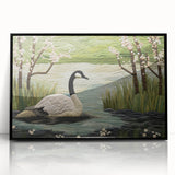 Framed wall art showcasing a minimalist goose design in black and white, featuring an elegant acrylic finish and sleek black frame, perfect for modern decor.
