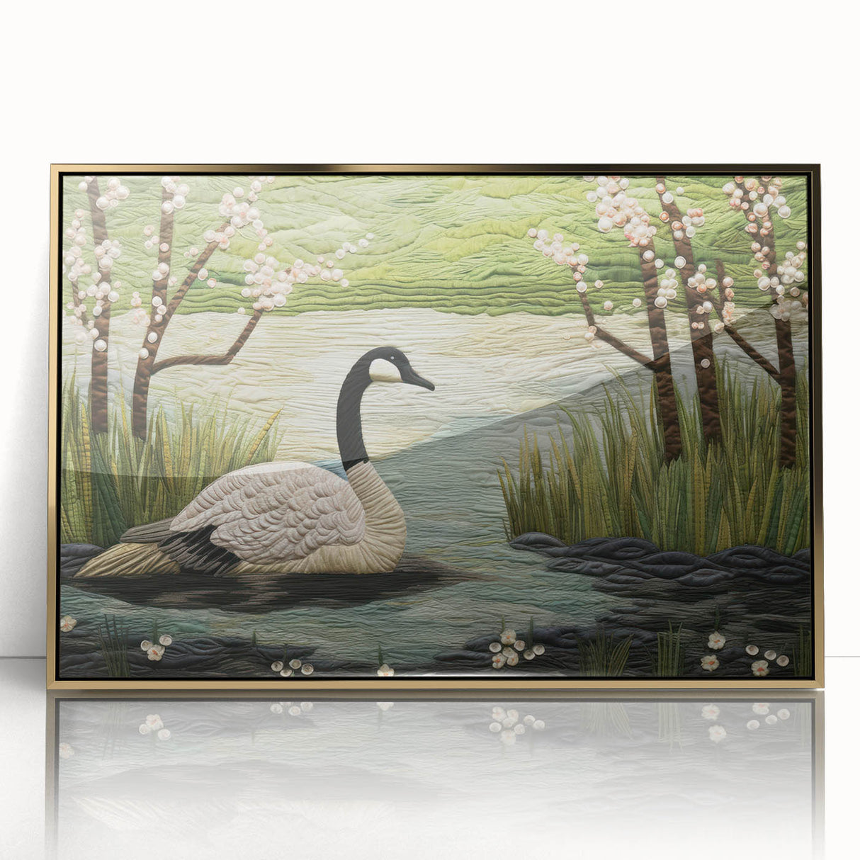 Framed wall art collection showcasing elegant goose designs in a sleek acrylic frame with a gold finish, perfect for modern home decor. Ideal for bird enthusiasts and art lovers.