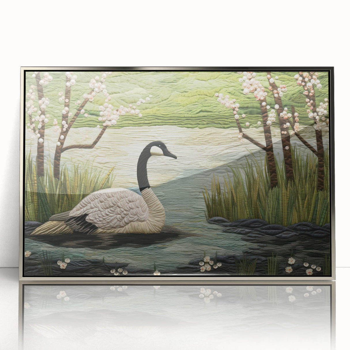 Framed wall art featuring a sleek silver-acrylic design of geese in flight, showcasing intricate details and elegant colors, perfect for modern home decor.