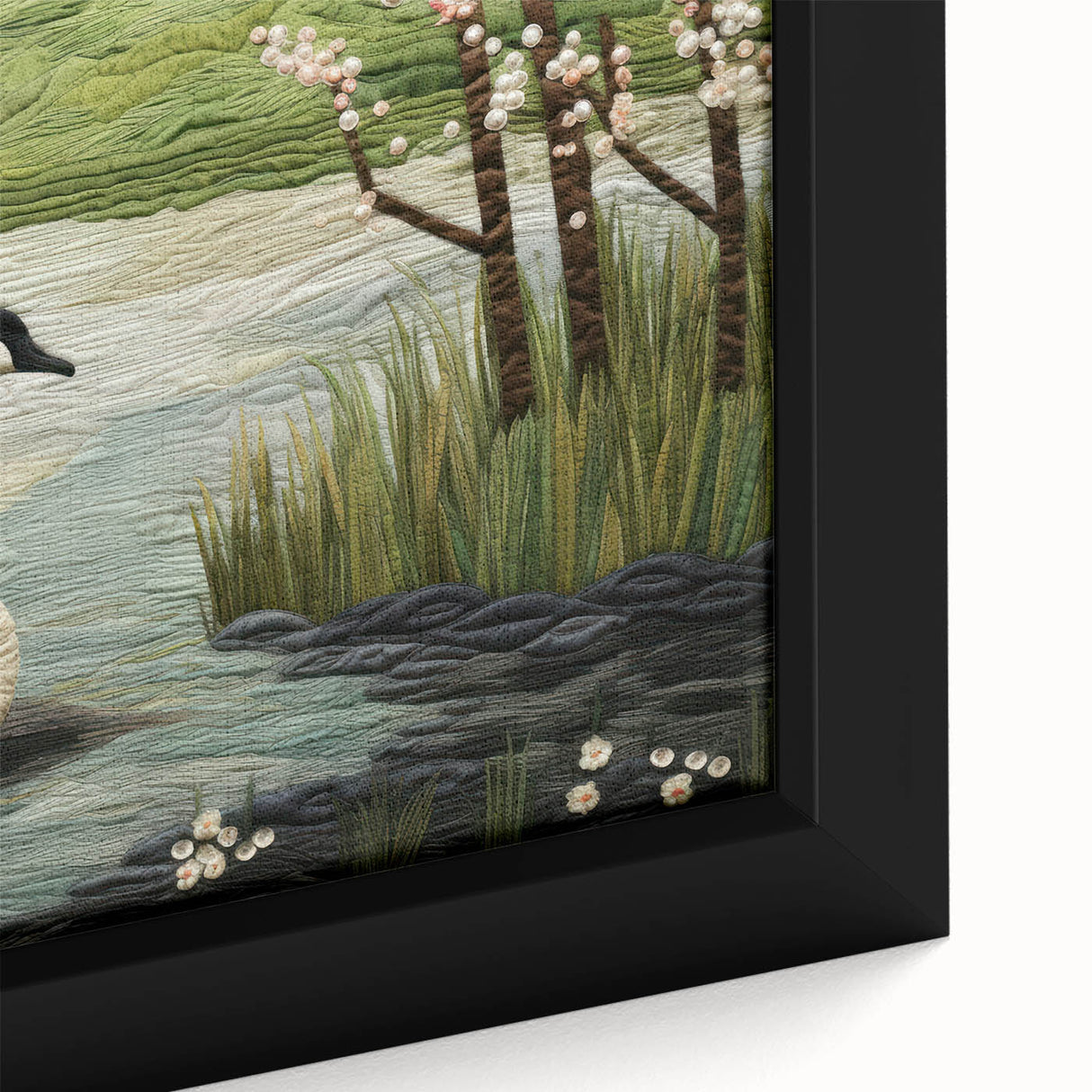 Close-up of a framed canvas wall art piece featuring a detailed design of a graceful goose, showcasing vibrant colors and intricate textures, perfect for home decor.
