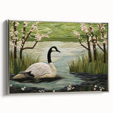 Framed wall art featuring a stylish silver-bordered design of geese in flight, showcasing intricate details and vibrant colors, ideal for home decor enhancement.