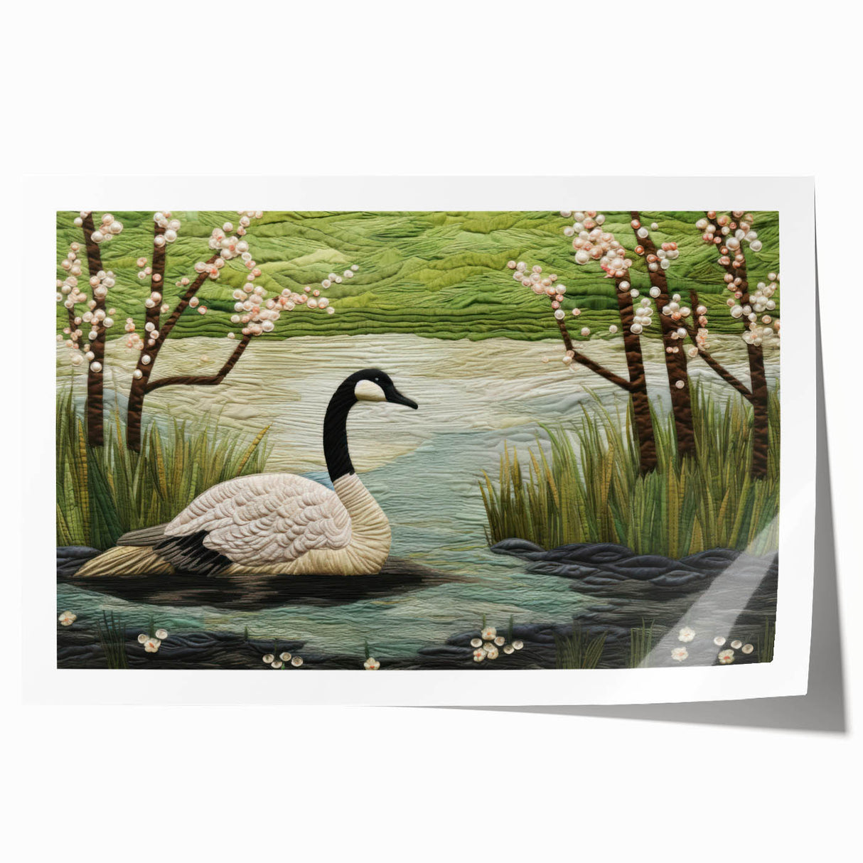 Goose-themed wall art print featuring vibrant colors and intricate designs, ideal for home decor. Rolled for easy shipping and display in any setting.
