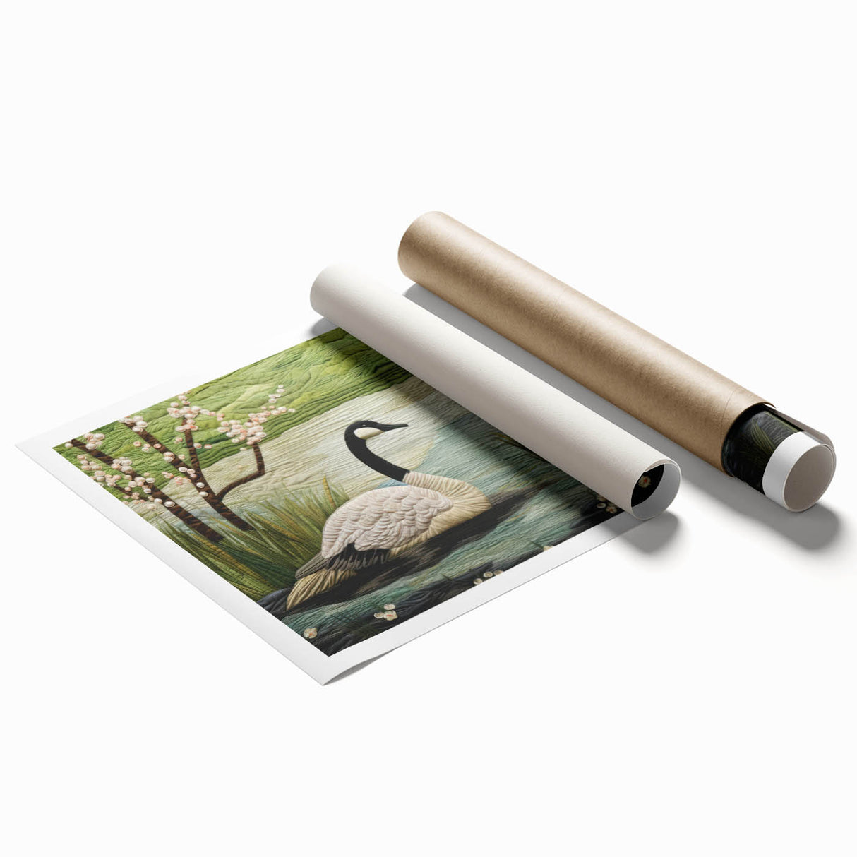 Rolled print of a whimsical goose design wall art collection showcasing vibrant colors and playful patterns, elegantly packaged in a protective cardboard tube.