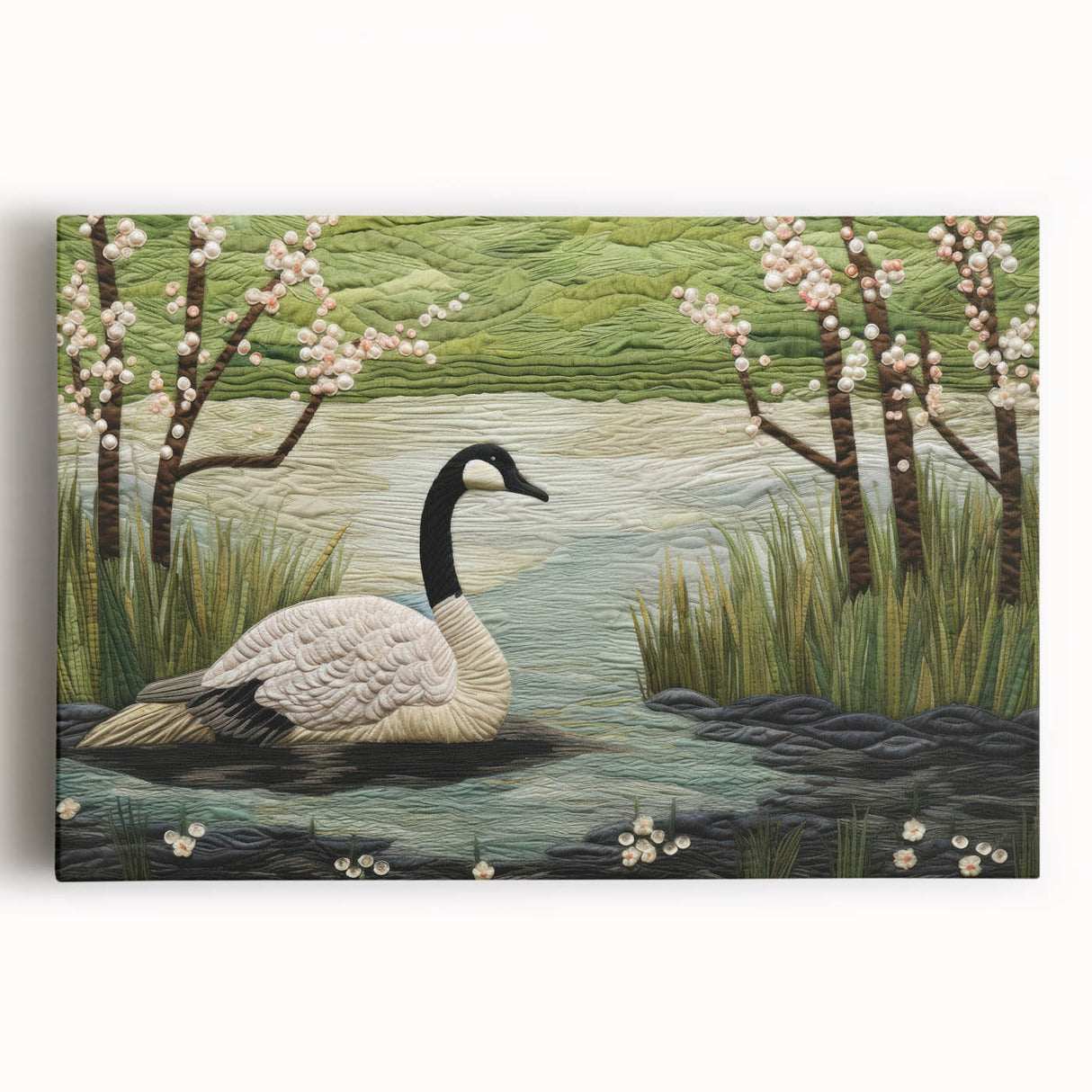 Stretched canvas wall art featuring a serene design of geese in soft pastel colors, perfect for enhancing home decor with a calming nature theme.