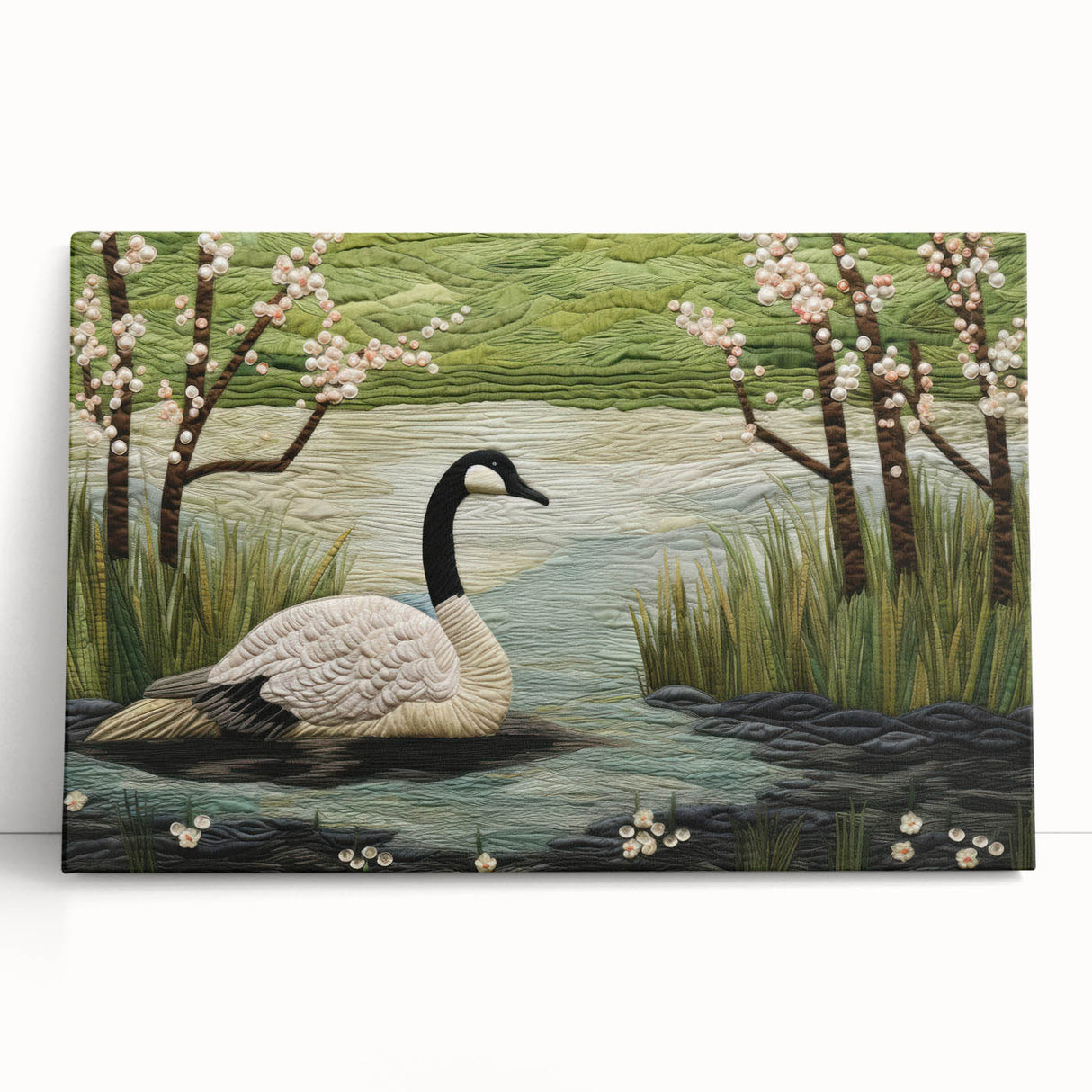 Stretched canvas wall art featuring a serene goose design, showcasing soft colors and intricate details, perfect for enhancing home decor and creating a tranquil atmosphere.