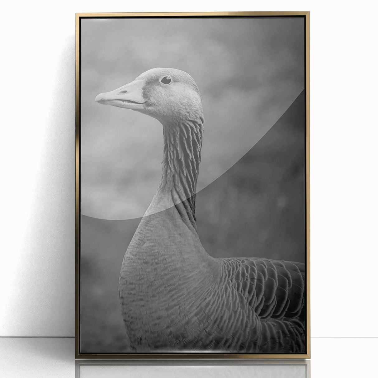 Framed wall art featuring a stylish goose design with a gold-acrylic finish, perfect for modern home decor, adding elegance and charm to any space.