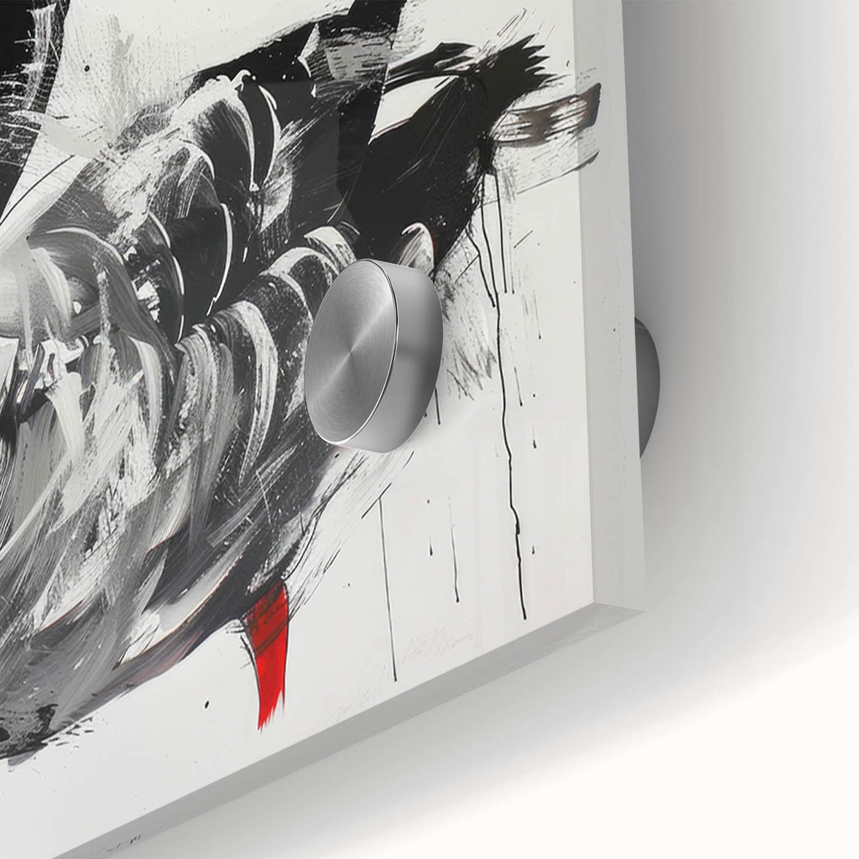 Close-up of a vibrant wall art piece showcasing a detailed goose design, crafted on acrylic glass, featuring vivid colors and intricate textures, perfect for home decor.