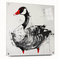 Acrylic glass wall art featuring a vibrant goose design, showcasing intricate details and a side view with mounting pins, perfect for modern decor.
