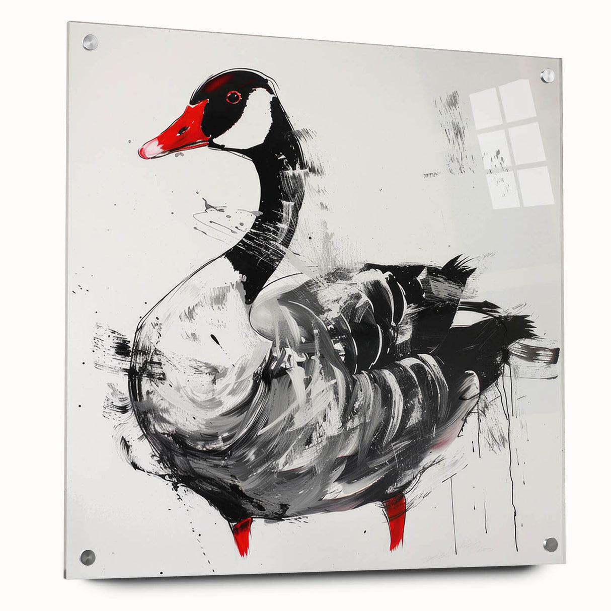 Acrylic glass wall art featuring a vibrant goose design, showcasing intricate details and a side view with mounting pins, perfect for modern decor.