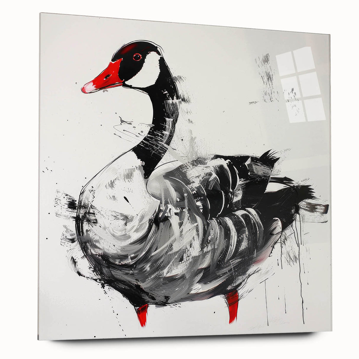 Side view of a wall art collection featuring a goose design printed on acrylic glass, showcasing vibrant colors and intricate details, perfect for modern home decor.