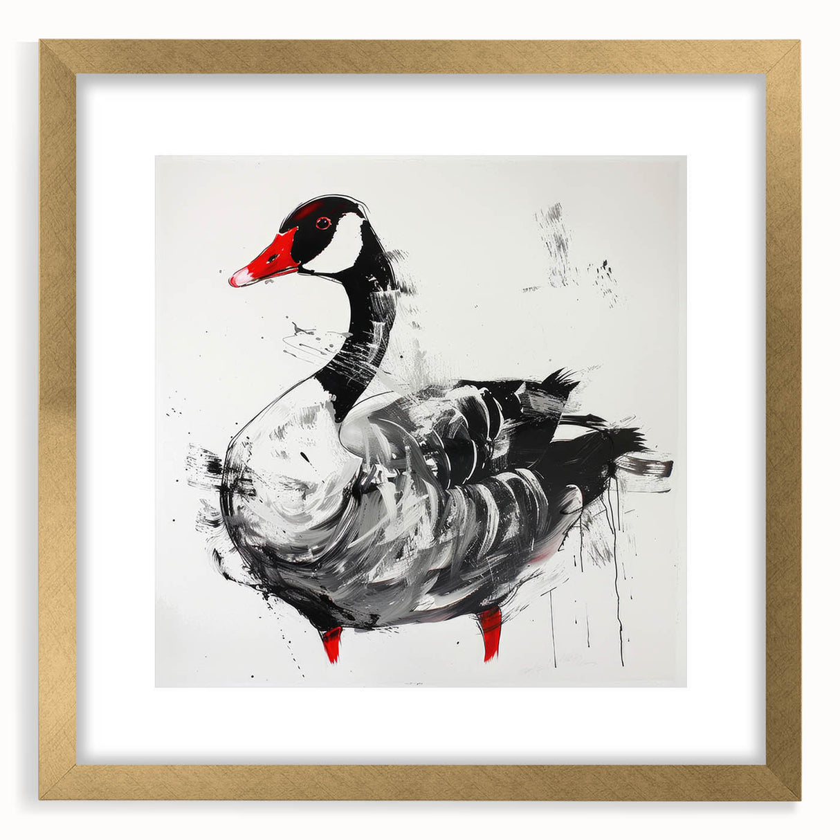 Elegant wall art featuring a framed goose design in a sophisticated gold frame, complete with a white mat, ideal for adding a touch of nature-inspired elegance to any decor. Perfect for bird lovers and home decorators seeking stylish and contemporary artwork.