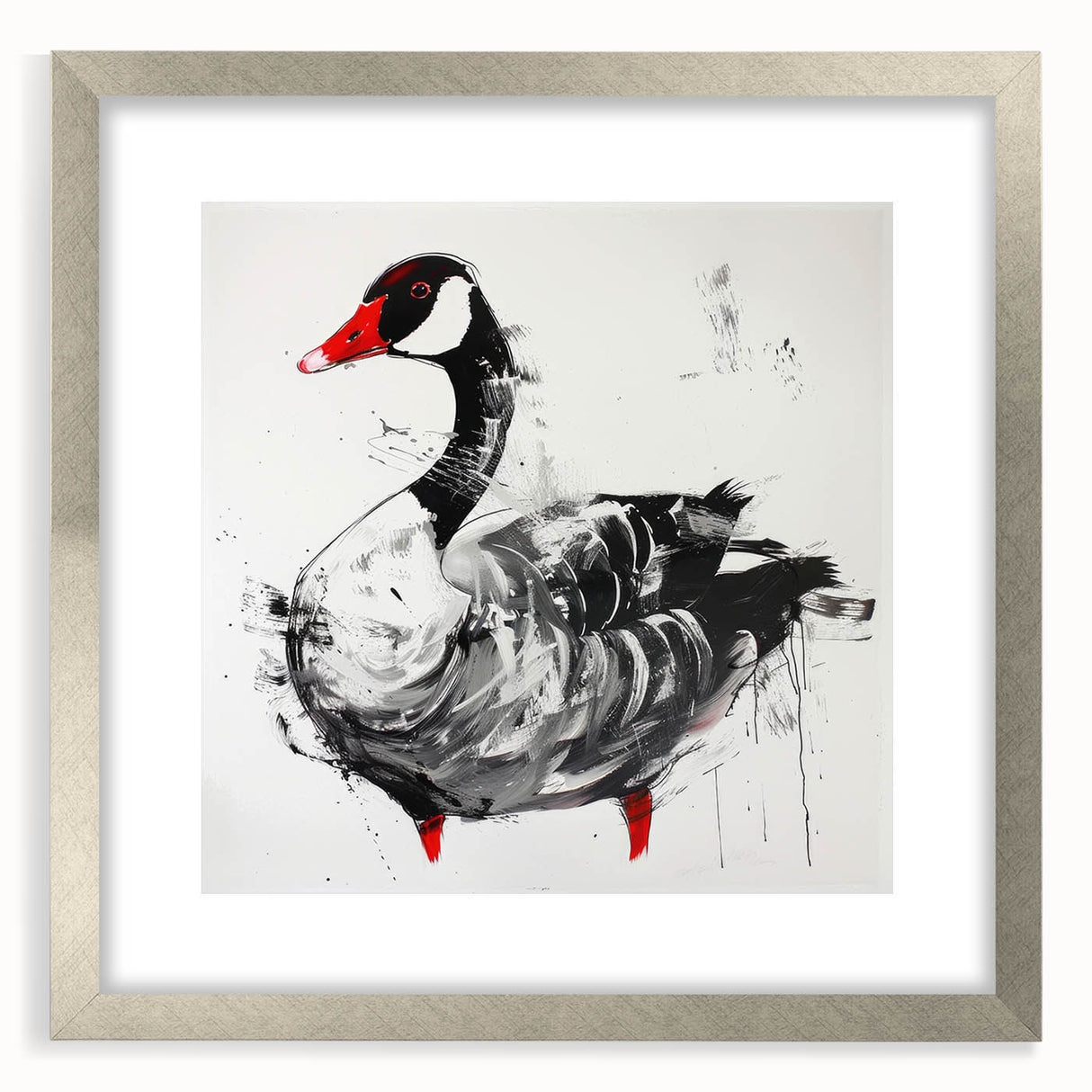 Framed wall art showcasing a stunning goose design in silver, set against a mat background, perfect for enhancing modern home decor. Ideal for bird lovers and art enthusiasts alike.