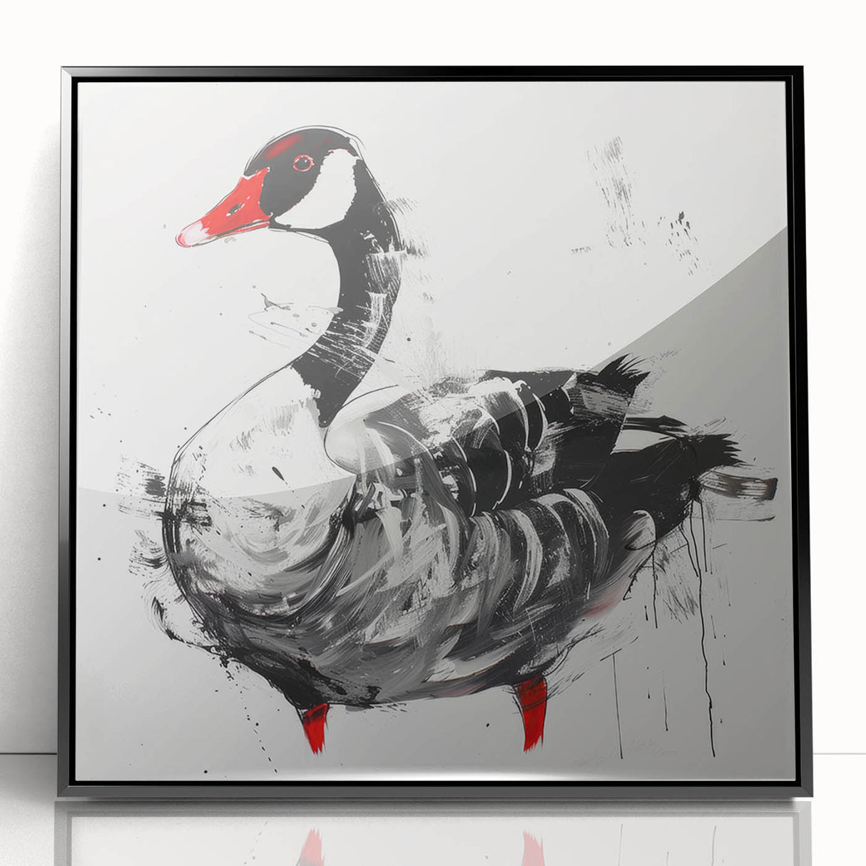 Framed wall art collection featuring a striking black acrylic design of elegant geese in flight, perfect for modern home decor. The piece showcases intricate details and bold colors, adding a touch of sophistication to any room.