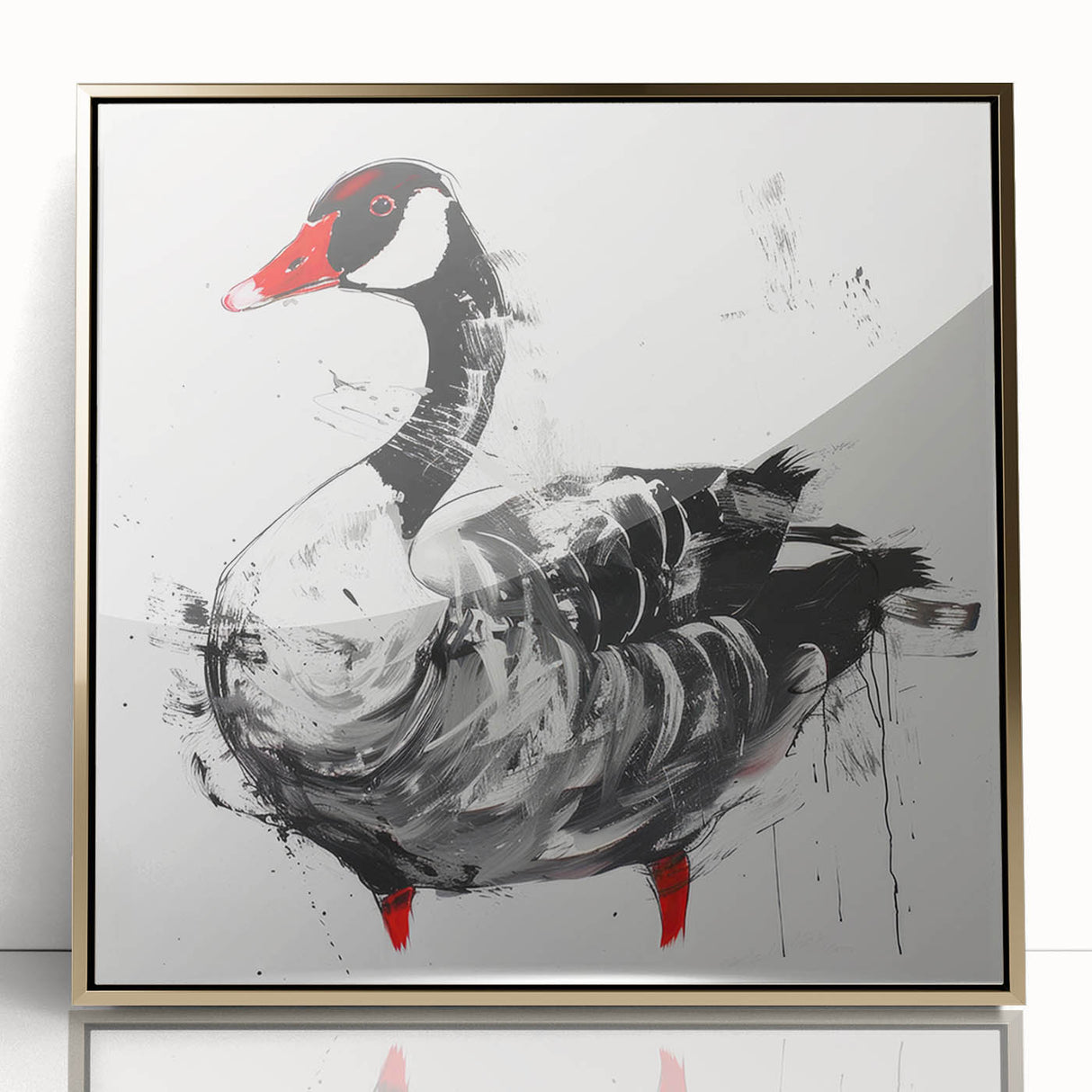 Framed wall art showcasing a golden-accented goose design in acrylic. The artwork features a modern aesthetic and elegant decor elements, perfect for enhancing interior spaces.
