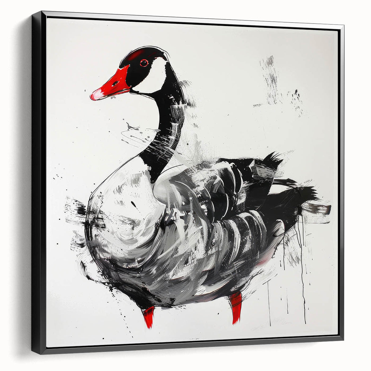 Framed wall art featuring a stylish black canvas adorned with a goose design, showcasing elegant lines and textures, perfect for modern home decor.