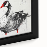 Close-up of a framed canvas wall art featuring a beautifully detailed design of geese in flight, showcasing vibrant colors and intricate textures, perfect for home decor.