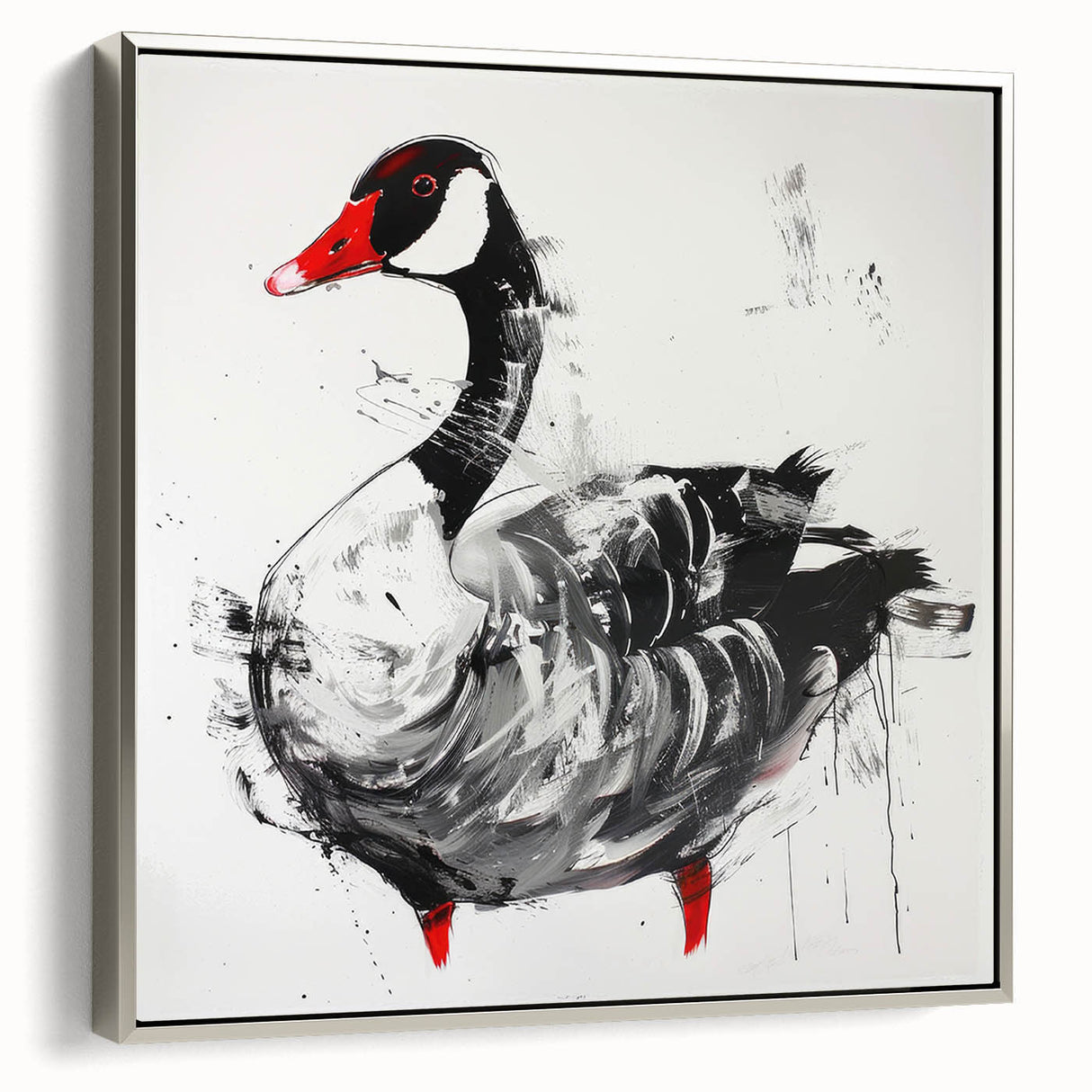 Framed canvas wall art showcasing a stylish goose design in silver tones, perfect for modern decor. Side view highlights the elegant frame and textured finish.