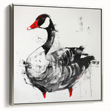 Framed canvas wall art showcasing a stylish goose design in silver tones, perfect for modern decor. Side view highlights the elegant frame and textured finish.