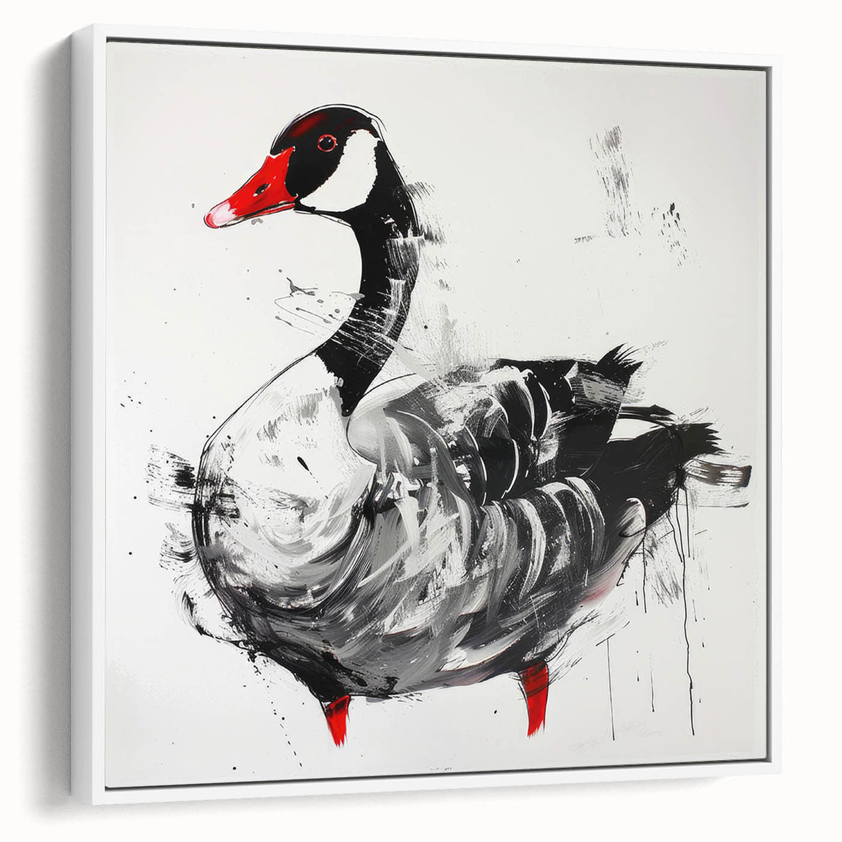Framed canvas wall art showcasing a serene goose design in a white frame, emphasizing elegant bird motifs and modern decor style, ideal for enhancing home interiors.