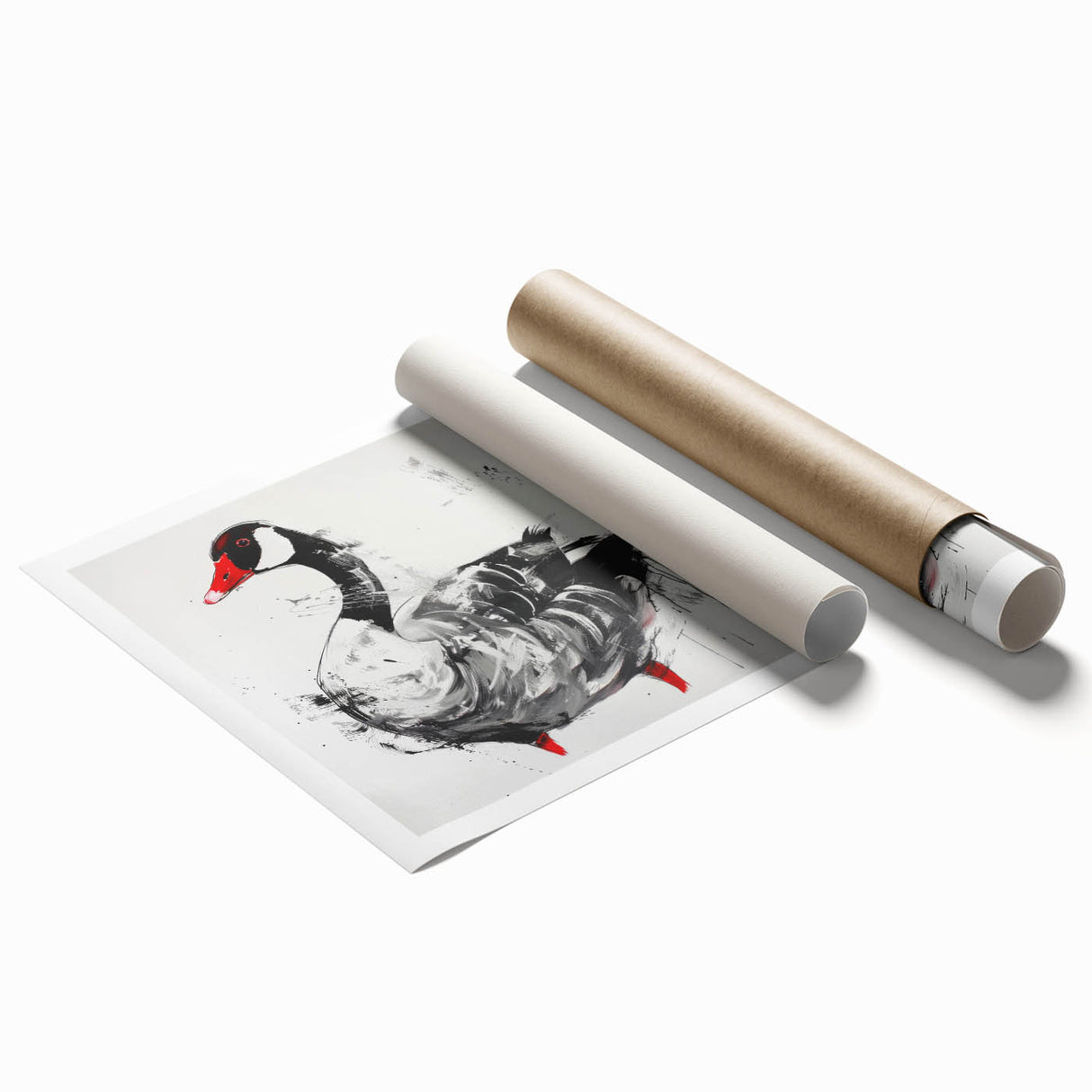 Rolled print of a contemporary goose-themed wall art design, featuring vibrant colors and intricate details, perfect for modern home decor. Packaged securely for safe delivery.