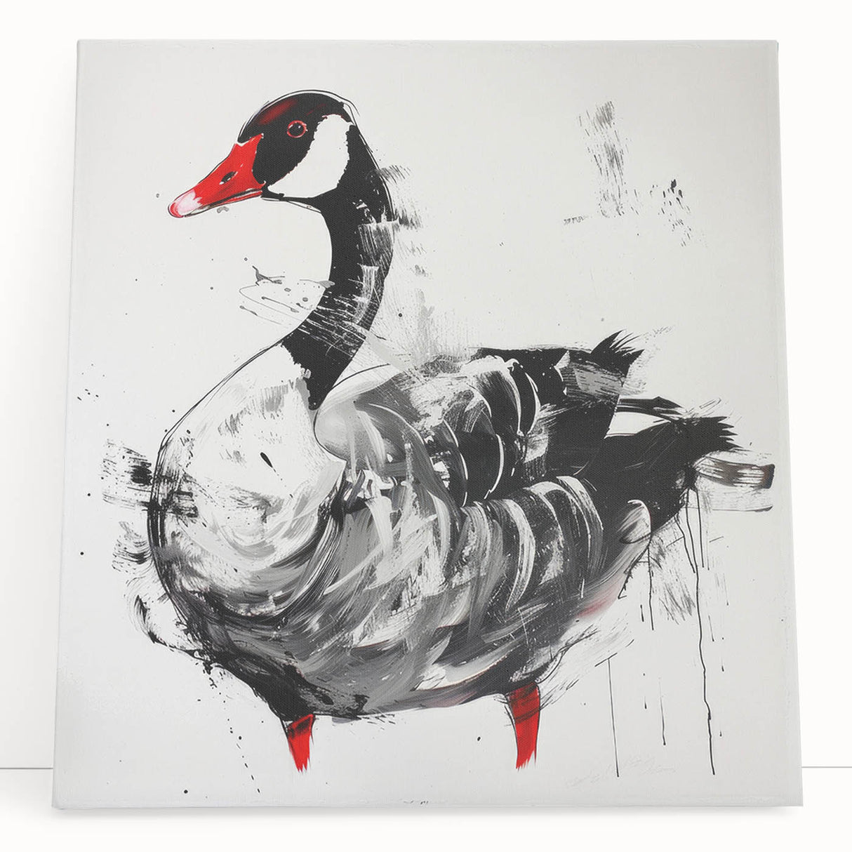 Stretched canvas wall art showcasing a serene goose design with vibrant colors, leaning against a neutral wall, perfect for modern home decor.