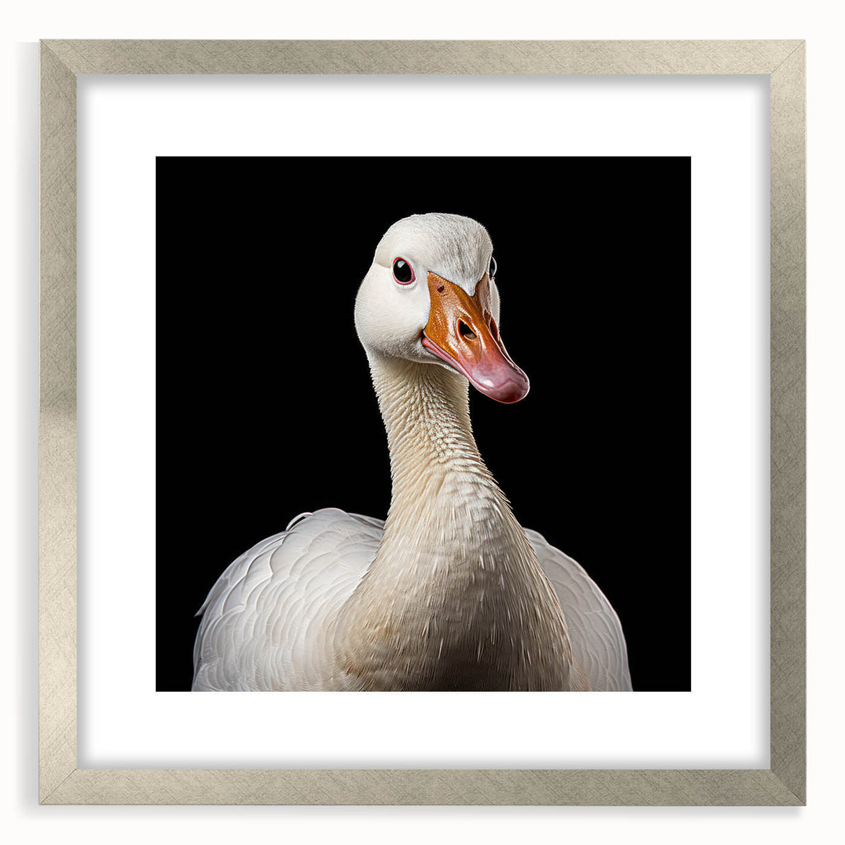 Framed wall art featuring a stylish goose design in a silver frame with a mat, ideal for modern home decor, showcasing intricate details and vibrant colors.
