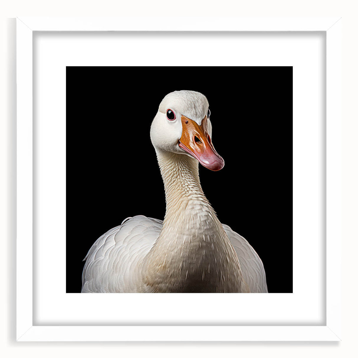 Framed wall art featuring a minimalist goose design in black and white, set against a crisp white mat, perfect for modern home decor. Ideal for adding elegance to any room.