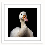 Framed wall art featuring a minimalist goose design in black and white, set against a crisp white mat, perfect for modern home decor. Ideal for adding elegance to any room.