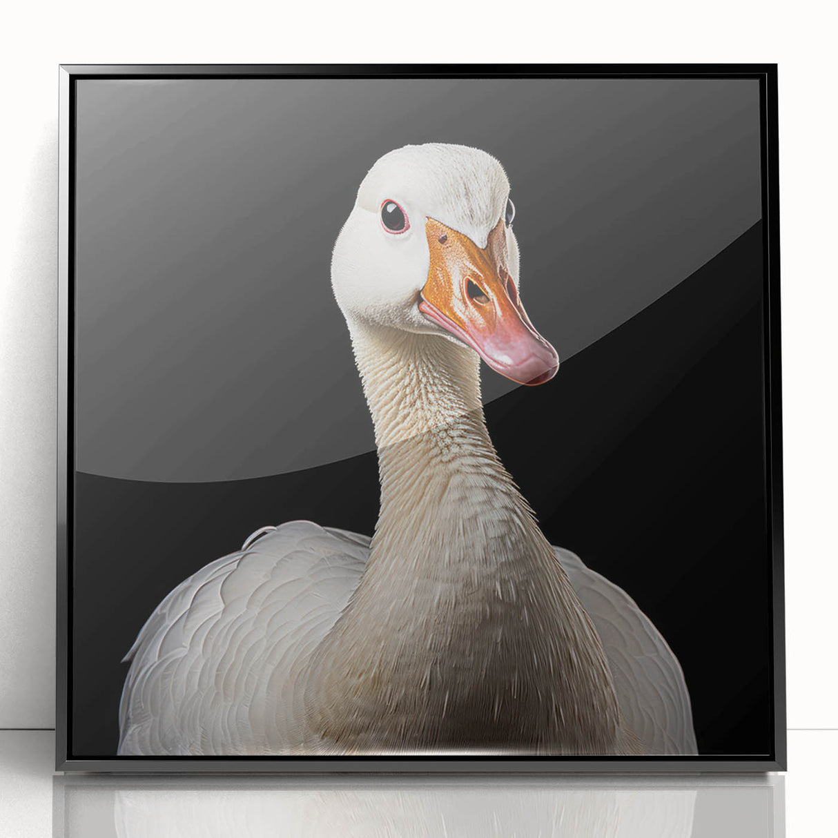 Framed wall art featuring a stylish goose design on acrylic, showcasing a sleek black frame, perfect for modern home décor and nature enthusiasts.