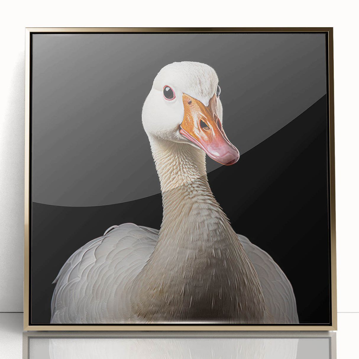 Framed wall art featuring a stylish design of geese in a serene landscape, highlighted by a gold acrylic frame, perfect for modern home decor.
