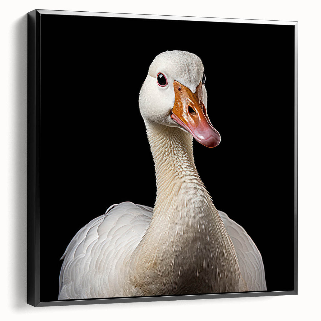 Framed wall art showcasing a striking goose design on canvas, featuring a black frame and side view, perfect for modern home decor. Ideal for nature enthusiasts.