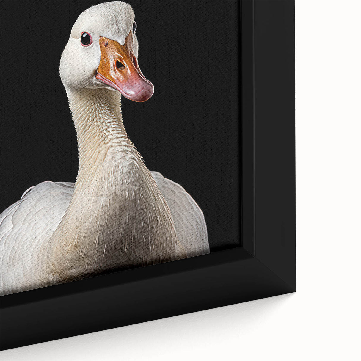 Framed close-up of a vibrant goose-themed wall art design, showcasing intricate details and rich colors, perfect for enhancing home decor in any setting.