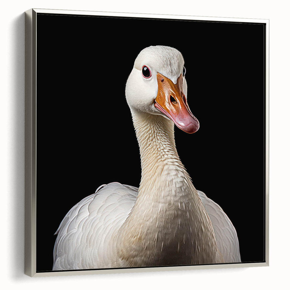 Framed canvas wall art featuring a serene goose design with silver accents, displayed in a contemporary setting, perfect for enhancing home decor aesthetics.