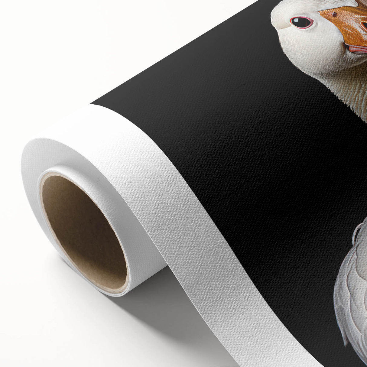 Rolled canvas artwork showcasing a vibrant goose design, featuring intricate details and colors, ideal for home decor or art collections, securely packaged in a cardboard tube.