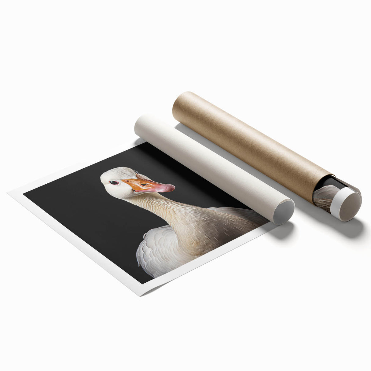Rolled print showcasing a vibrant goose design in a contemporary style, featuring intricate details and bold colors, ideal for modern home decor.